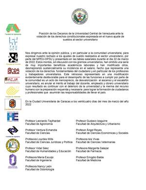 Posición de los Decanos de la Universidad Central de Venezuela ante la violación de los derechos constitucionales expresada en el nuevo ajuste de sueldos al sector universitario