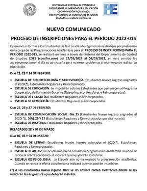 PROCESO DE INSCRIPCIONES PARA EL PERÍODO 2022-01S
